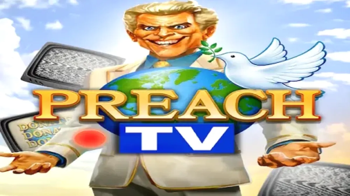 Interface do jogo de slot Preach TV com tema de estúdio de TV retrô